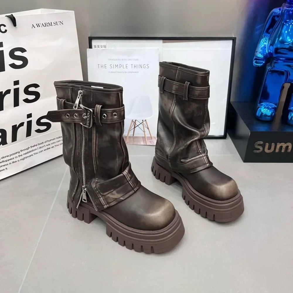 Bottines motardes à zip en cuir pour femme