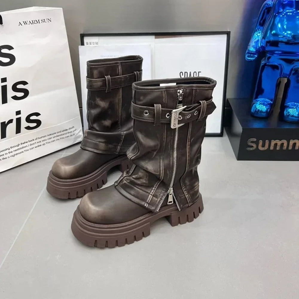 Bottines motardes à zip en cuir pour femme