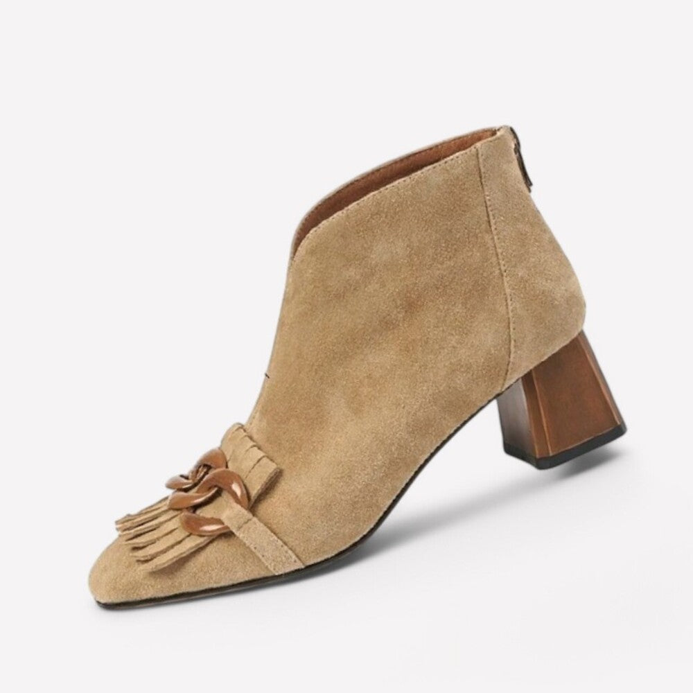 Beige suede heeled ankle boots