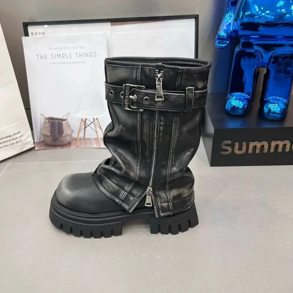 Bottines motardes à zip en cuir pour femme